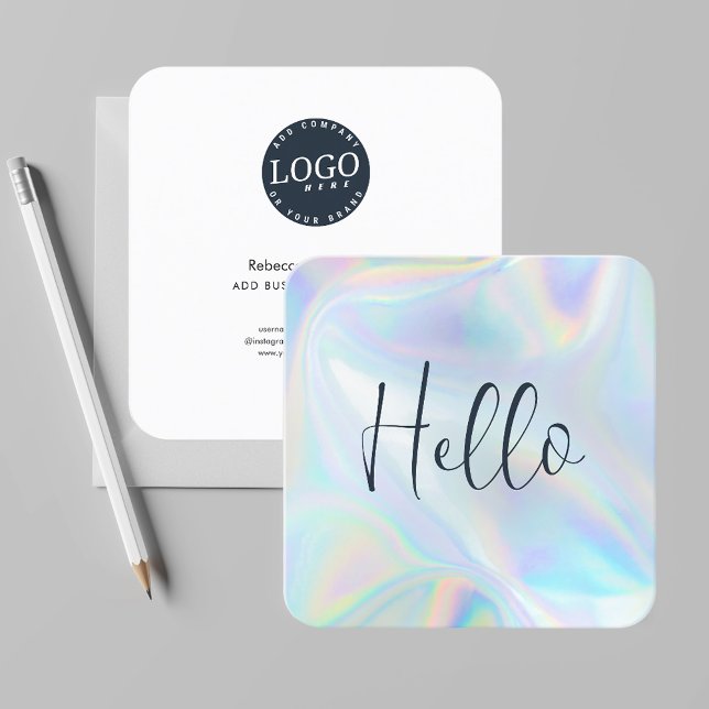 Modern Company Logotyp HoloGraph-skript medarbetar Fyrkantigt Visitkort (Iridescent Square Rounded Corners Hello Business Card)