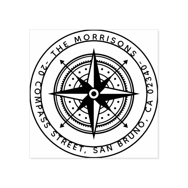Modern Compass Round Family Namn & Returadress Stämpel (Tryck)