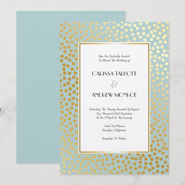Modern Confetti Polka dots Mint och Guld Inbjudningar (Fram/baksida)