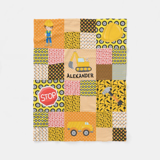 Modern Construction Boy Worker Excavator Quilt Fleecefilt (Framsidan)