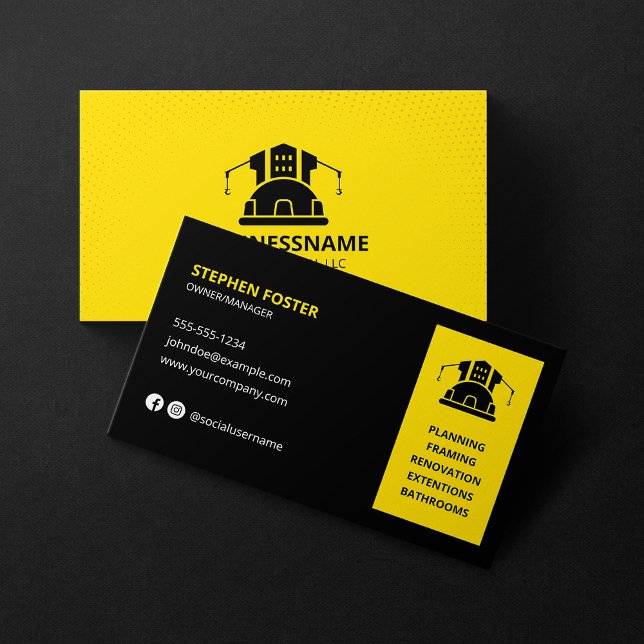 Modern Construction Handyman Builder Black Gult Visitkort (Skapare uppladdad)