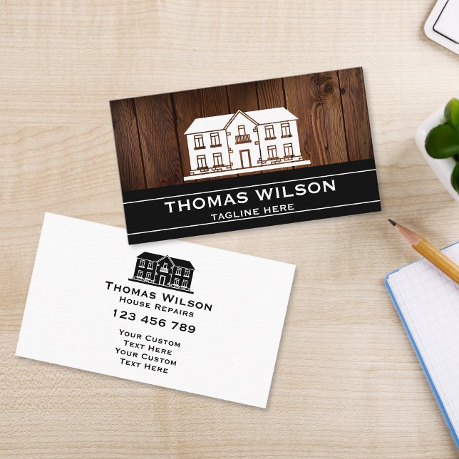 Modern Construction Handyman Carpenter Verktyg Woo Visitkort (RUSTIC HOUSE ON THE WOOD TEXTURE BACKGROUND HOME REPAIR BUSINESS CARD)