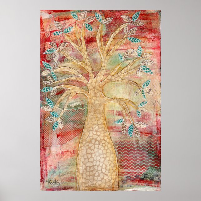 Modern Contemporary Mixed Media Grunge Art Träd Poster (Framsidan)