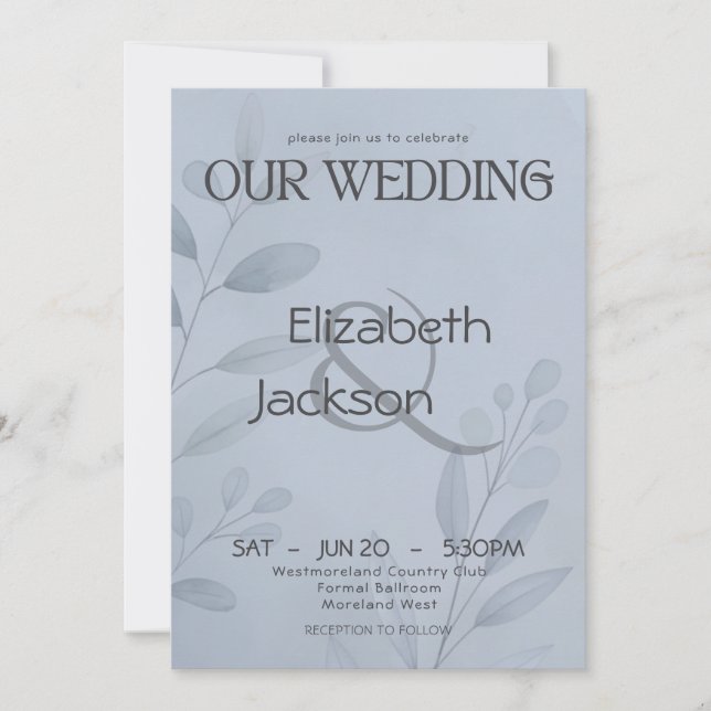 Modern Cool Blue Botanical Typography Wedding   Inbjudningar (Framsida)