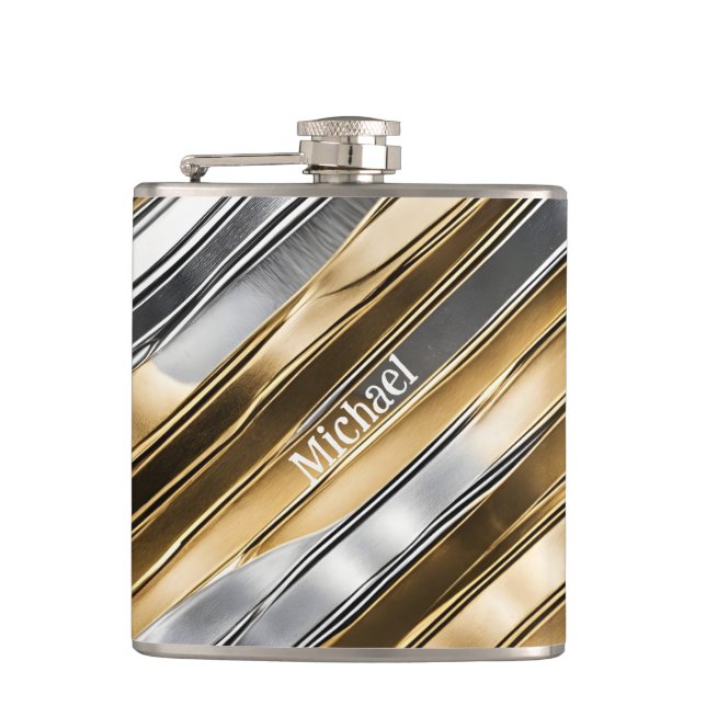 Modern, cool, chic, silver- och guldrandigt mönste fickplunta (Framsidan)