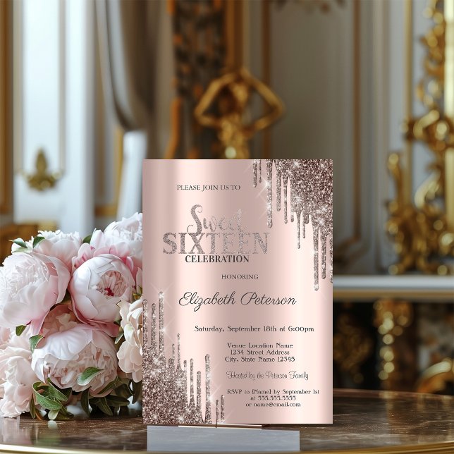 Modern Cool Glitter Drips Roséguld Sweet 16 Inbjudningar (Skapare uppladdad)