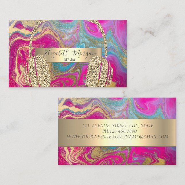 Modern Cool Holografisk Guld Glitter Hörlurar DJ Visitkort (Fram/baksida)