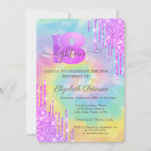 Modern Cool Violet Glitter Drips Tie Dye 18th Inbjudningar