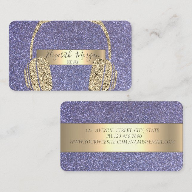 Modern cool violett glitterhörlurar DJ Visitkort (Fram/baksida)
