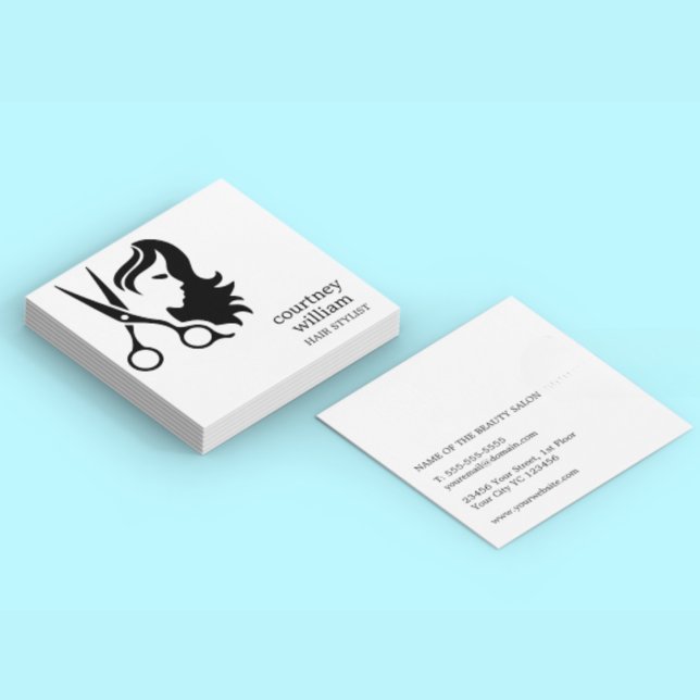 Modern Coola - enkel svart, vit hårslips Fyrkantigt Visitkort (Modern Cool Simple Black White Hair Stylist Square Business Card)
