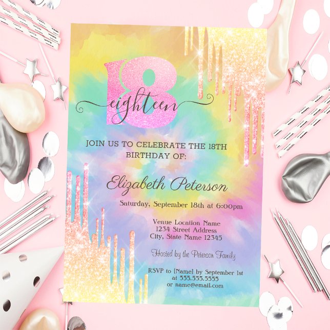 Modern Coola Glitter Drips Tie Dye 18:e födelsedag Inbjudningar (Skapare uppladdad)