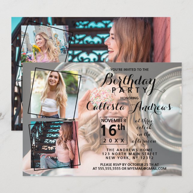 Modern Coola Photo Collage Birthday Inbjudningar (Fram/baksida)
