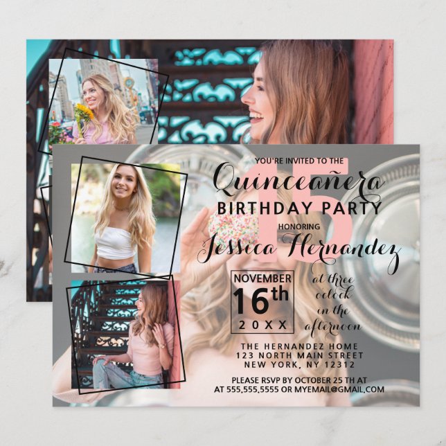 Modern Coola Photo Collage Sweet Quinceañera Inbjudningar (Fram/baksida)
