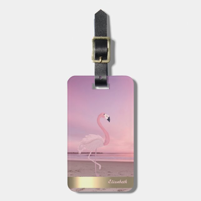 Modern Coola Rosa Flamingo Beach Sunset Bagagebricka (Vertikal Framsida)