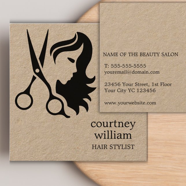 Modern Coola Simple Black Kraft Hair Stylist Fyrkantigt Visitkort (Modern Cool Simple Black Kraft Hair Stylist Square Business Card)