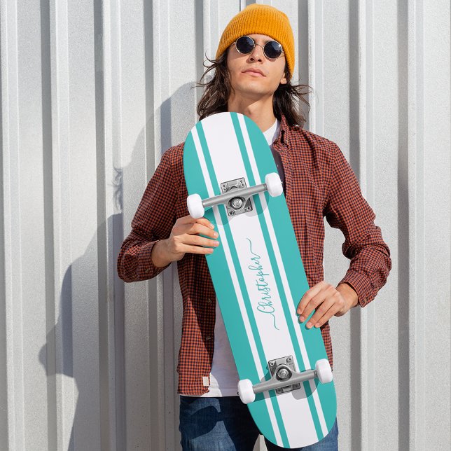 Modern Coola Teal White Tävla Rand Monogrammed Mini Skateboard Bräda 18,5 Cm (Modern Cool Teal White Racing Stripes Monogrammed Skateboard)
