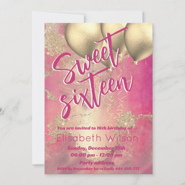Modern coola vattenfärg rosa guld söt 16 inbjudningar (Framsida)