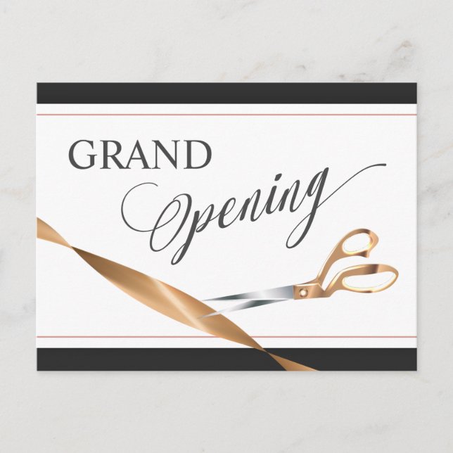 Modern Copper Ribbon Scissors Grand Open Inbjudan Vykort (Framsida)