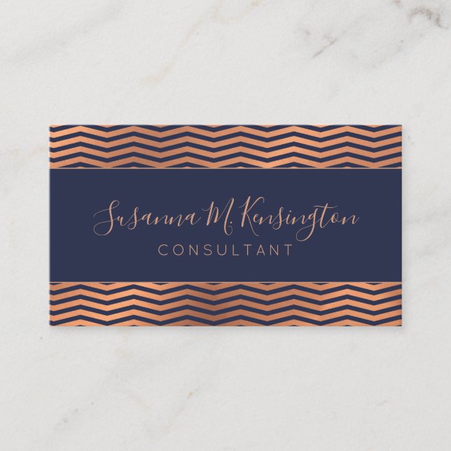 Modern Copper Ro Gold Foil Navy Blue Chevron Visitkort (Framsida)