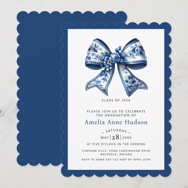 Modern Coquette Blue Floral Bow Graduation Party Inbjudningar (Fram/baksida)