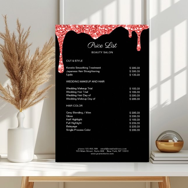 Modern Coral Black Glitter Preislyssning Poster (Modern Coral Black Glitter Pricelist Poster)