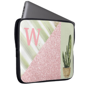 Modern Coral Grönt Cactus Botanical Monogram Laptop Fodral