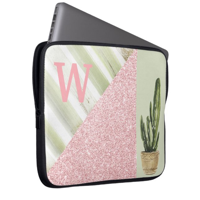 Modern Coral Grönt Cactus Botanical Monogram Laptop Fodral (Framsidan Höger)