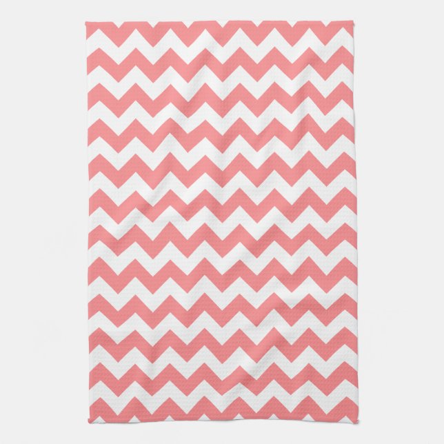 Modern Coral och White Chevron Zigzag Mönster Kökshandduk (Vertikal)
