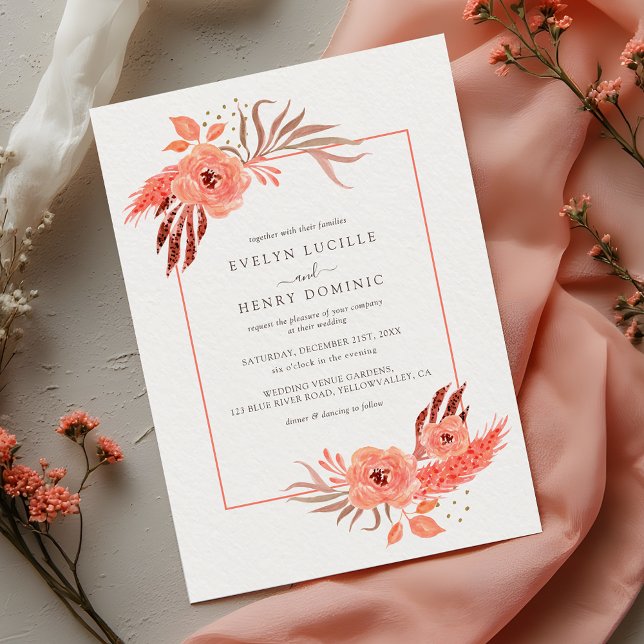 Modern Coral Orange Floral Terracotta Wedding Inbjudningar (Skapare uppladdad)