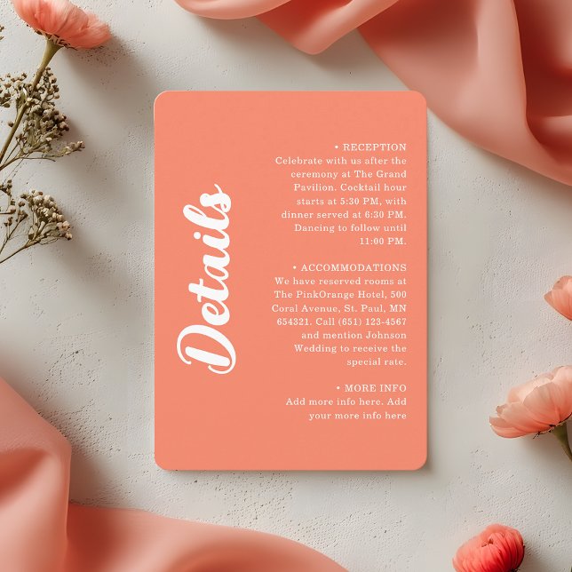 Modern Coral Pink Groovy Script Wedding Details Tilläggskort (Skapare uppladdad)