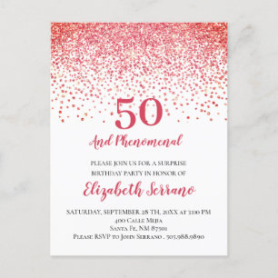 Modern Coral Red Glitter Confetti 50:e födelsedage Inbjudan Vykort