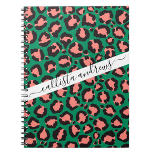 Modern Coral Rosa Black Grönt Leopard Animal Print Anteckningsbok