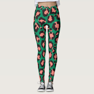 Modern Coral Rosa Black Grönt Leopard Animal Print Leggings
