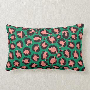Modern Coral Rosa Black Grönt Leopard Animal Print Lumbarkudde