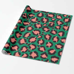 Modern Coral Rosa Black Grönt Leopard Animal Print Presentpapper