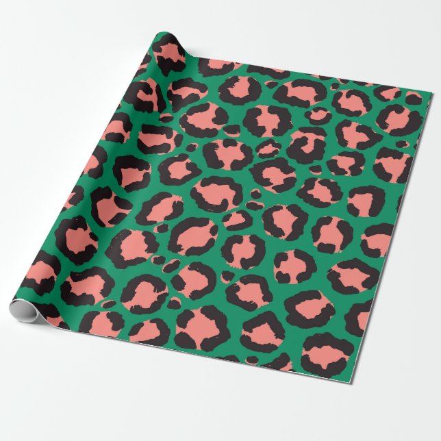 Modern Coral Rosa Black Grönt Leopard Animal Print Presentpapper (Utrullad)