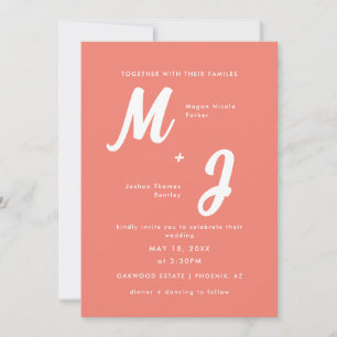 Modern Coral Rosa Monogram Allt-i-ett Bröllop Inbjudningar