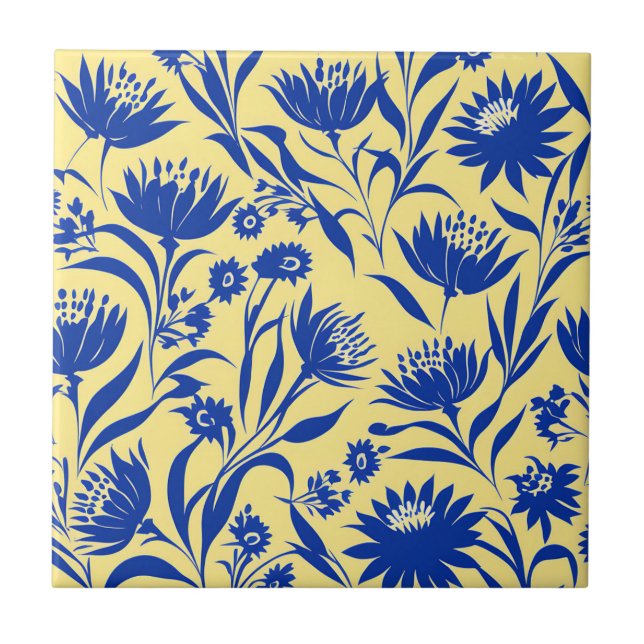 Modern Cornblomma Blue-Blommigt på Gult Kakelplatta (Framsidan)