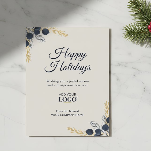 Modern Corporate Holiday Eucalyptus Navy & Gold Julkort (Skapare uppladdad)