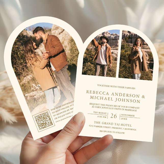 Modern Cream and Gold Arch Photo QR Code Wedding Inbjudningar (Skapare uppladdad)