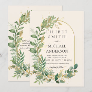 Modern Cream Guld Greenery Botanical Bröllop Inbjudningar