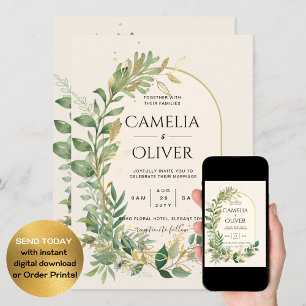 Modern Cream Guld Greenery Botanical Bröllop Inbjudningar