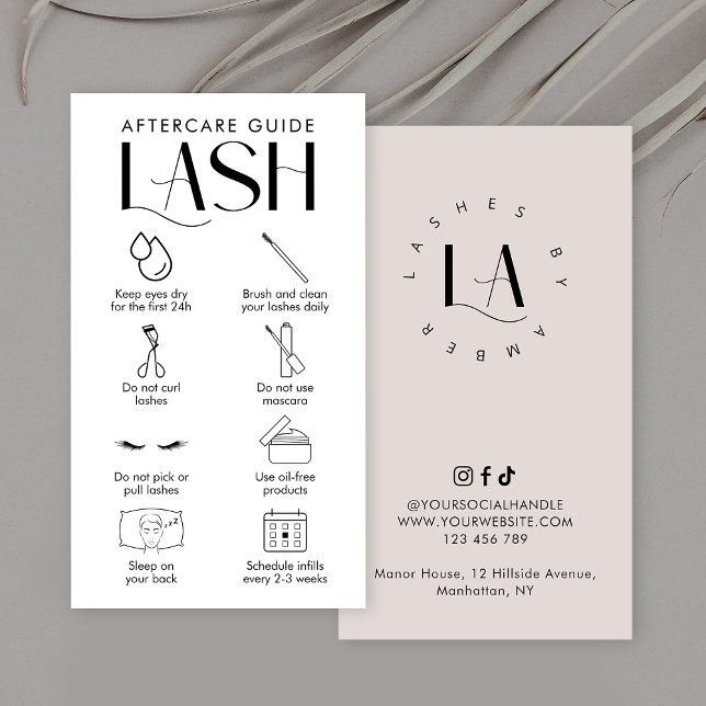 Modern Cream Lash Extensions Aftercare Salon Logot Visitkort (Elegant Lash Extensions aftercare instructions cards with space for your salon logo)