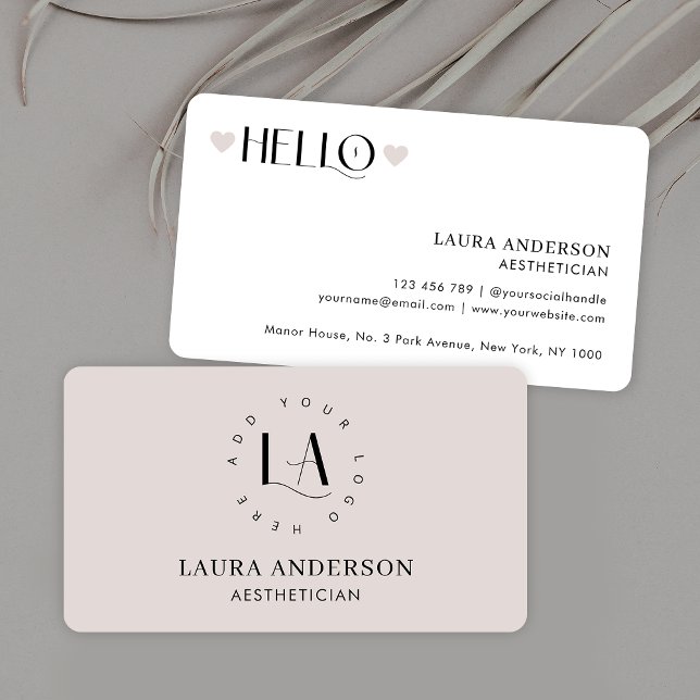 Modern Cream Neutralt Aesthetician Elegant Logotyp Visitkort (Minimal cream & business cards with trendy serif fonts and fully editable colors & contact details)