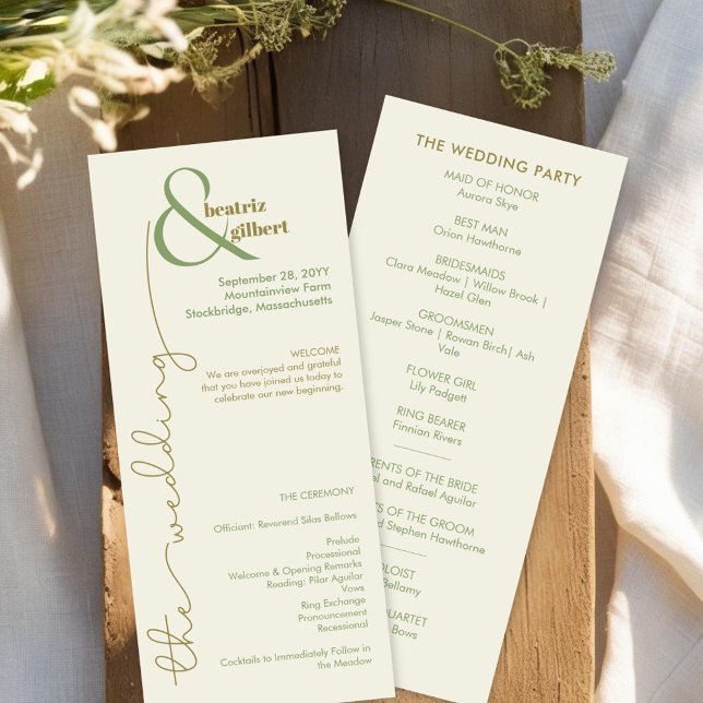 Modern Cream och Grönt - minimalistiskt Bröllopspr (Simple modern wedding program with an elegant ampersand monogram in cream, olive green and moss)