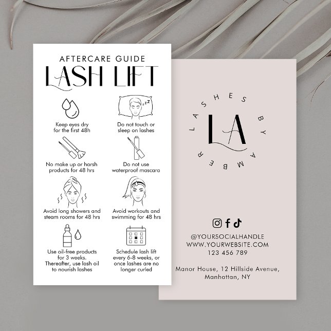 Modern Cream & White Elegant Lash Hiss Efterföljan Visitkort (Elegant Lash Lift & Tint care instructions cards with space for your salon logo)