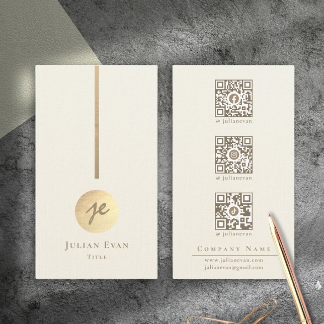 Modern Creamy White & Guld Monogram Social Media Visitkort (Modern Creamy White & Gold Monogram Social Media)
