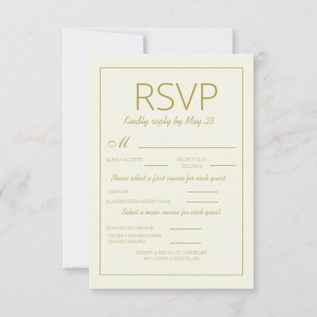 Modern Crème Guld Bröllop RSVP Vertikal Måltid OSA Kort (Framsida)