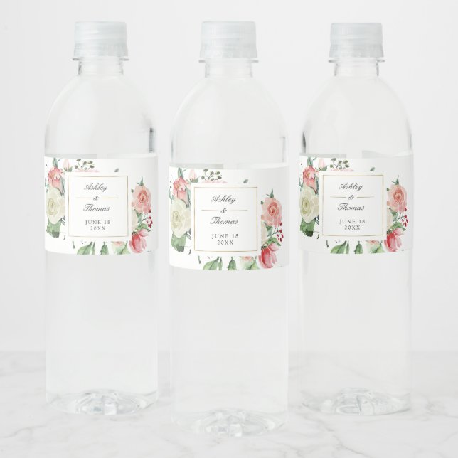 Modern Creme Ro Blommigt Watercolor Bröllop Vattenflaskor Etikett (Flaskor)
