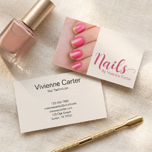 Modern Crème Rosa Skript Foto Nagelkonstnär Salong Visitkort